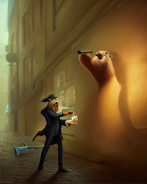 Image similar to oil painting of anthropomorphized capybara holding a smoking pipe, detective clothes, close shot, full body, dark london alley background, sharp focus, fantasy style, octane render, volumetric lighting, 8k high definition, by greg rutkowski, highly detailed, trending on art Station, dungeons and dragons artwork, centered