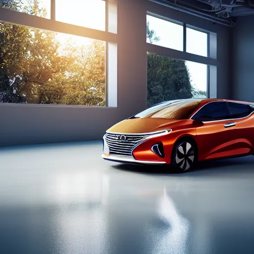 Image similar to a Hyundai N vision 74 on a white garage floor near a window at sunset, hydrogen, 3d render, unreal engine 5, octane render, 4k, low contrast, ray tracing, serene landscape, calm, relaxing, beautiful landscape, highly detailed, high quality, product photo, hyperrealistic, concept art, symmetrical, centered, godrays