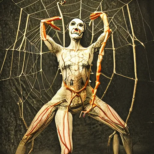 Image similar to 1860 photo of an old freak show body spider-woman, on the middle of a forest, spooky , veins, arteries, intricate, golden ratio, full frame, elegant, highly detailed, ornate, ornament, sculpture, elegant , luxury, beautifully lit, ray trace, 3d, PBR
