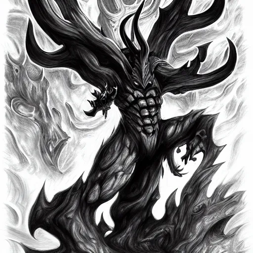 Image similar to full body grayscale drawing by Anato Finnstark of horned demon in heroic pose, swirling flames