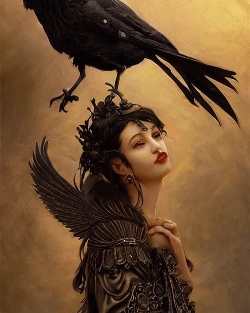 Image similar to goddess of crows, unusual beauty, emotionally evoking symbolic metaphors, head in focus, fantasy, ornamental, intricate, elegant, sensual, highly detailed digital painting, artstation, concept art, painterly, golden ratio, sharp focus, illustration, art by John Collier and Krenz Cushart and Artem Demura and and Greg Rutkowski and Alphonse Mucha and Albert Aublet