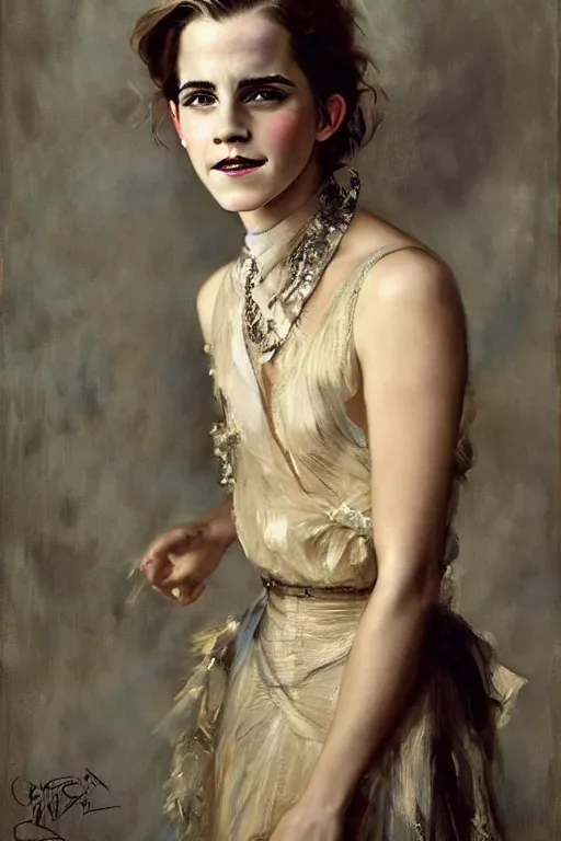 Prompt: emma watson laughing detailed portrait painting by gaston bussiere craig mullins j. c. leyendecker photograph by richard avedon peter lindbergh