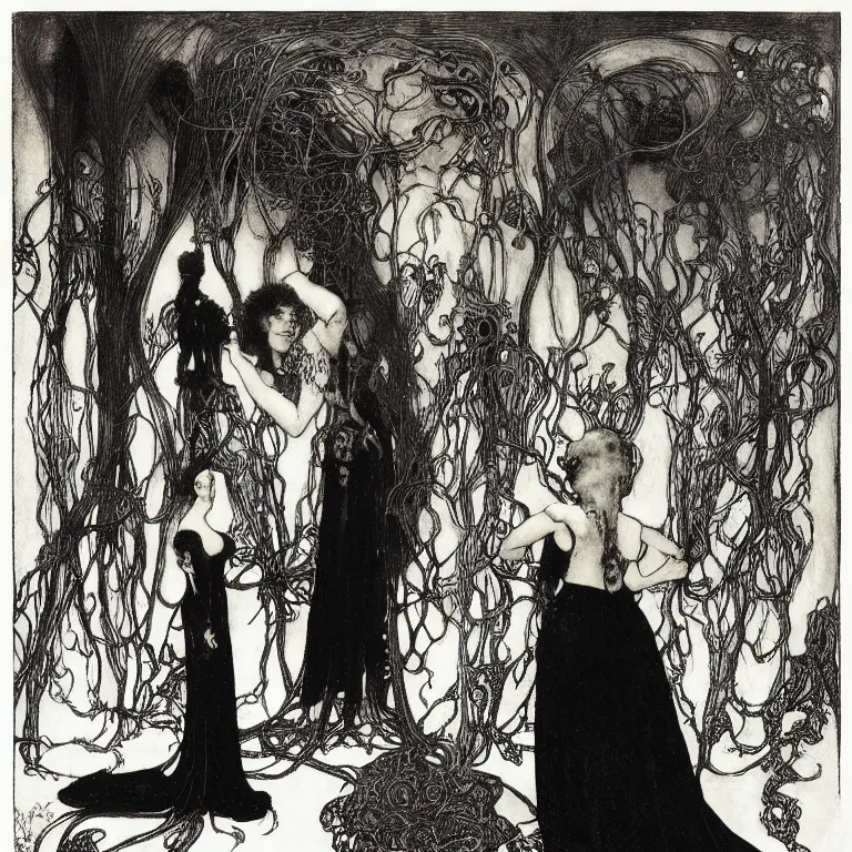Image similar to A woman stands in a black room with a black dress with a cut-out on the back, Anton Pieck,Jean Delville, Amano,Yves Tanguy, Alphonse Mucha, Ernst Haeckel, Edward Robert Hughes,Stanisław Szukalski and Roger Dean