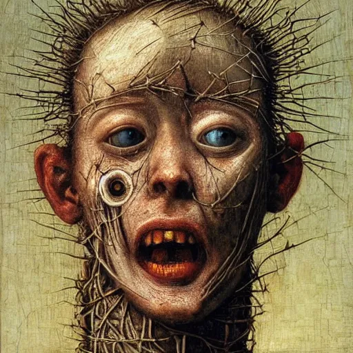 Image similar to a boy made of barbed wire looking into camera, screaming in pain, by giuseppe arcimboldo and ambrosius benson, renaissance, intricate and intense oil paint, a touch of beksinski and hr giger and edward munch, realistic