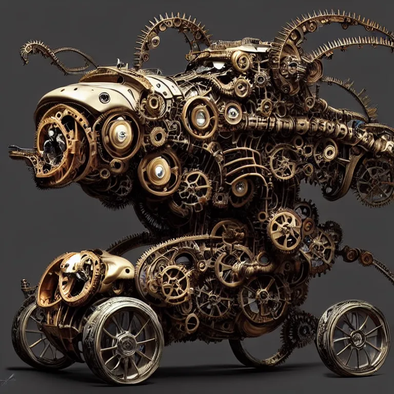 Image similar to biomechanical steampunk vehicle reminiscent of fast sportscar with robotic parts and (glowing) lights parked in ancient lush palace, gothic and baroque, brutalist architecture, ultradetailed, creepy ambiance, fog, artgerm, giger, Intricate by Ellen Jewett and Josan Gonzalez and Giuseppe Arcimboldo