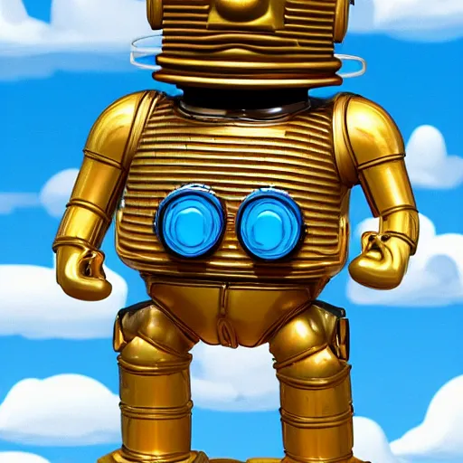 Image similar to full body portrait of Homer Simpson as real C3PO, background blue sky puffy clouds cinematic 4k