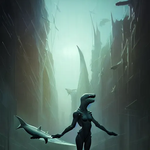 Image similar to professional ominous concept art portrait of a shark - human chimera character by artgerm and greg rutkowski. an intricate, elegant, highly detailed digital painting, concept art, smooth, sharp focus, illustration, in the style of simon stalenhag, wayne barlowe, and igor kieryluk.