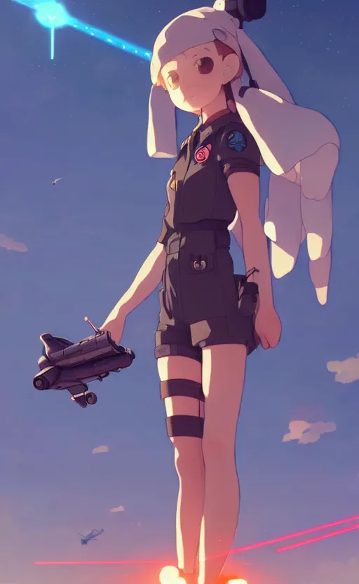 Prompt: a cute pilot girl with piston engines around legs, dogfighting a ufo with lasers, black sky background, battlefield landscape, illustration concept art anime key visual trending pixiv fanbox by wlop and greg rutkowski and makoto shinkai and studio ghibli and kyoto animation, soldier clothing