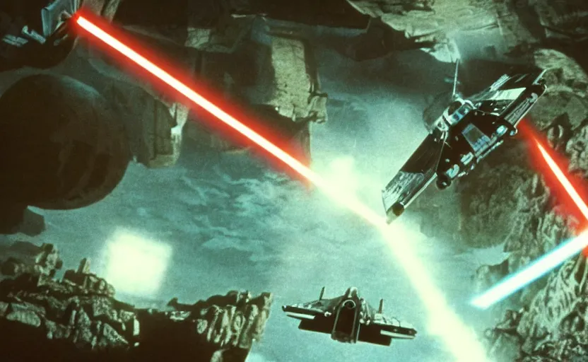 Prompt: iconic cinematic screen shot of scene x wing dogfighting tie fighters over waterfall canyon planet, from the action packed scene from the 1 9 7 0 s star wars sci fi film by stanley kubrick, glowing lasers, kodak film stock, anamorphic lenses 2 4 mm, lens flare, iconic cinematography, award winning