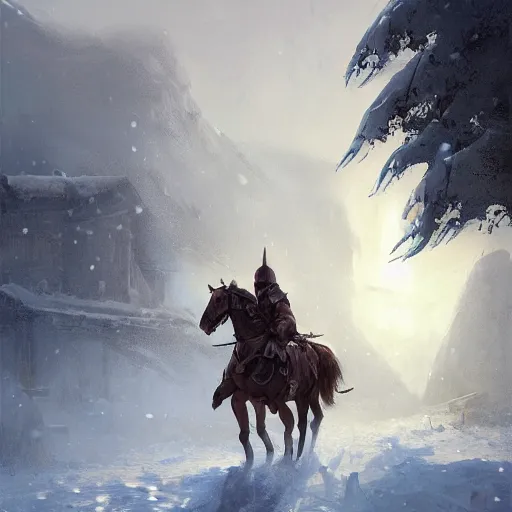 Prompt: A knight on his horse who arrives in a snowy village without any people, fantasy, highly detailed, digital painting, artstation, concept art, illustration, art by Bayard Wu and Marc Simonetti and Diego Gisbert Llorens