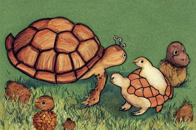 Image similar to turtle and chick, children's book illustration, beautiful