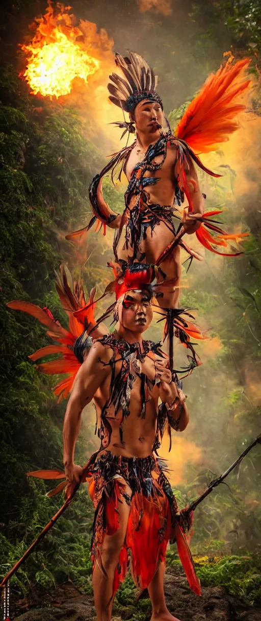 Image similar to young man, flaming hair, indigenous body paint and clothing, Amazon rainforest background, crescent moon, night, angry, red eyebrows, action pose, holding spear, in the style of Fenghua Zing and Ruan Jia and Jeremy Looking and Peter Mohrbacher