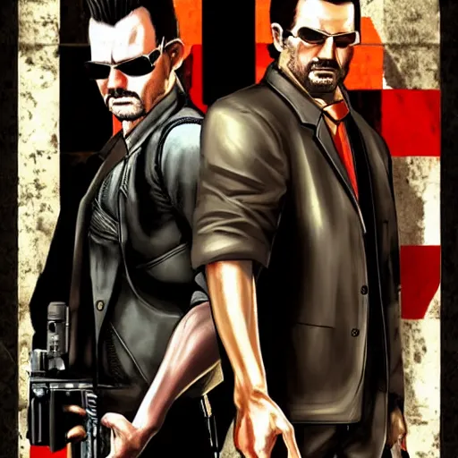 Image similar to max payne and jc denton from deus ex, buddy cop movie poster