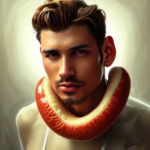 Prompt: portrait of a young rugged hot dog, extra onions and ketchup, luscious patty with sesame seeds, handsome, D&D, fantasy, intricate, elegant, highly detailed, digital painting, sweaty meat, artstation, concept art, matte, sharp focus, illustration, art by Artgerm and Greg Rutkowski and Alphonse Mucha