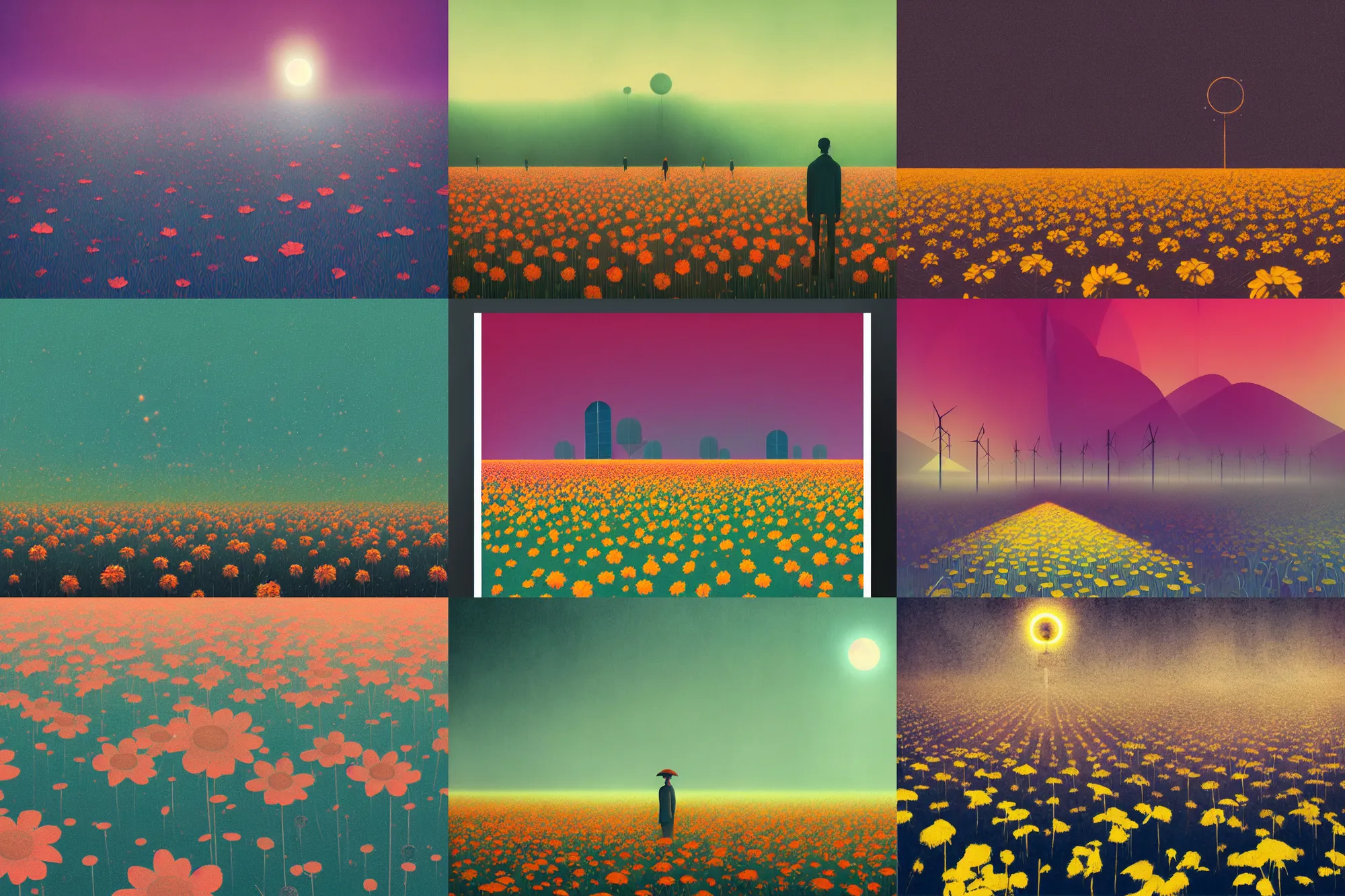 Prompt: portrait of field solar panels flowers growing between, colorful, modern art deco, mads berg, christopher balaskas, victo ngai, low fog, fine texture, detailed, muted colors, dramatic lighting, dynamic composition, matte print, wide angle, moody, stippled light, film grain