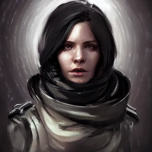 Image similar to Portrait of a woman by Greg Rutkowski, she is about 20 years old, round face, mixture between german and russian, black bob hair, attractive, determined but resentful look, she is wearing futuristic military fatigues with a black scarf, highly detailed portrait, scifi, digital painting, artstation, concept art, smooth, sharp foccus ilustration, Artstation HQ.