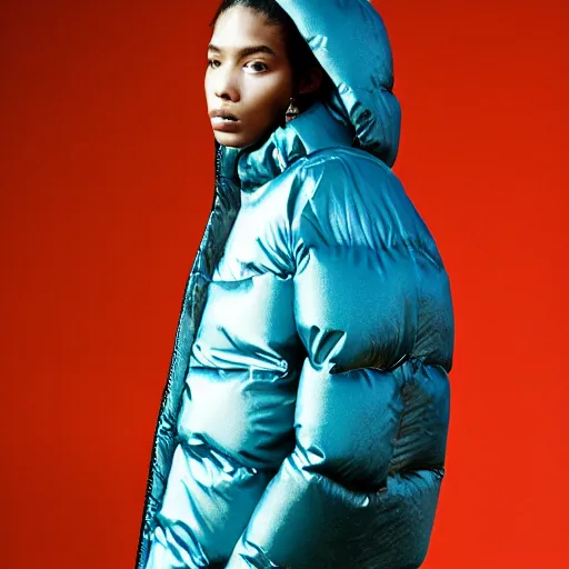 Image similar to realistic photoshooting for a new issey miyake lookbook, color film photography, portrait of a beautiful woman, model is wearing a futuristic puffer jacket, in style of tyler mitchell, 3 5 mm,