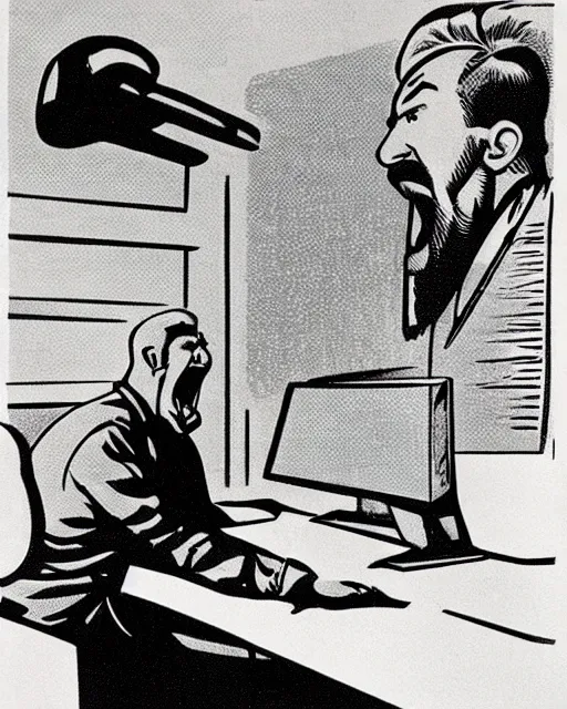 Image similar to soviet propaganda poster of an angry communist developer yelling at his computer