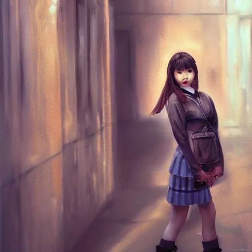 Image similar to a perfect, realistic professional oil painting of a Japanese schoolgirl posing in a dystopian alleyway, close-up, by a professional American senior artist on ArtStation, a high-quality hollywood-style concept