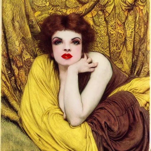 Image similar to hybrid of judy garland and lady gaga, brown fringe, large beautiful features, huge downslanted eyes, large full lips, reclining on flowing bed cool stylish, yellow ochre ornate medieval dress, john william waterhouse, kilian eng, rosetti, john everett millais, william holman hunt, william morris, 4 k