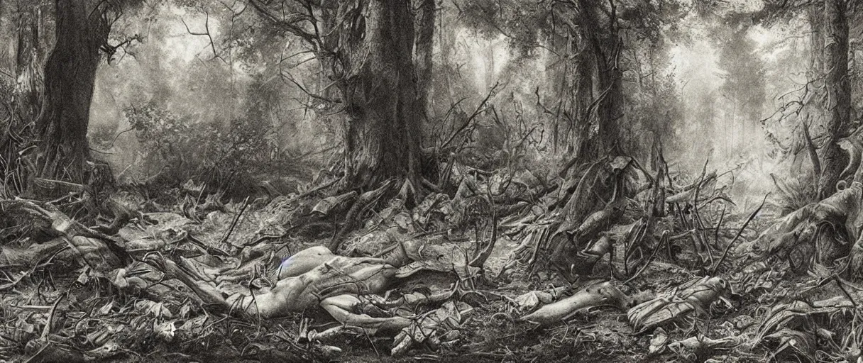 Image similar to stunning detailed artwork of a crime scene in the woods by eugene von guerard