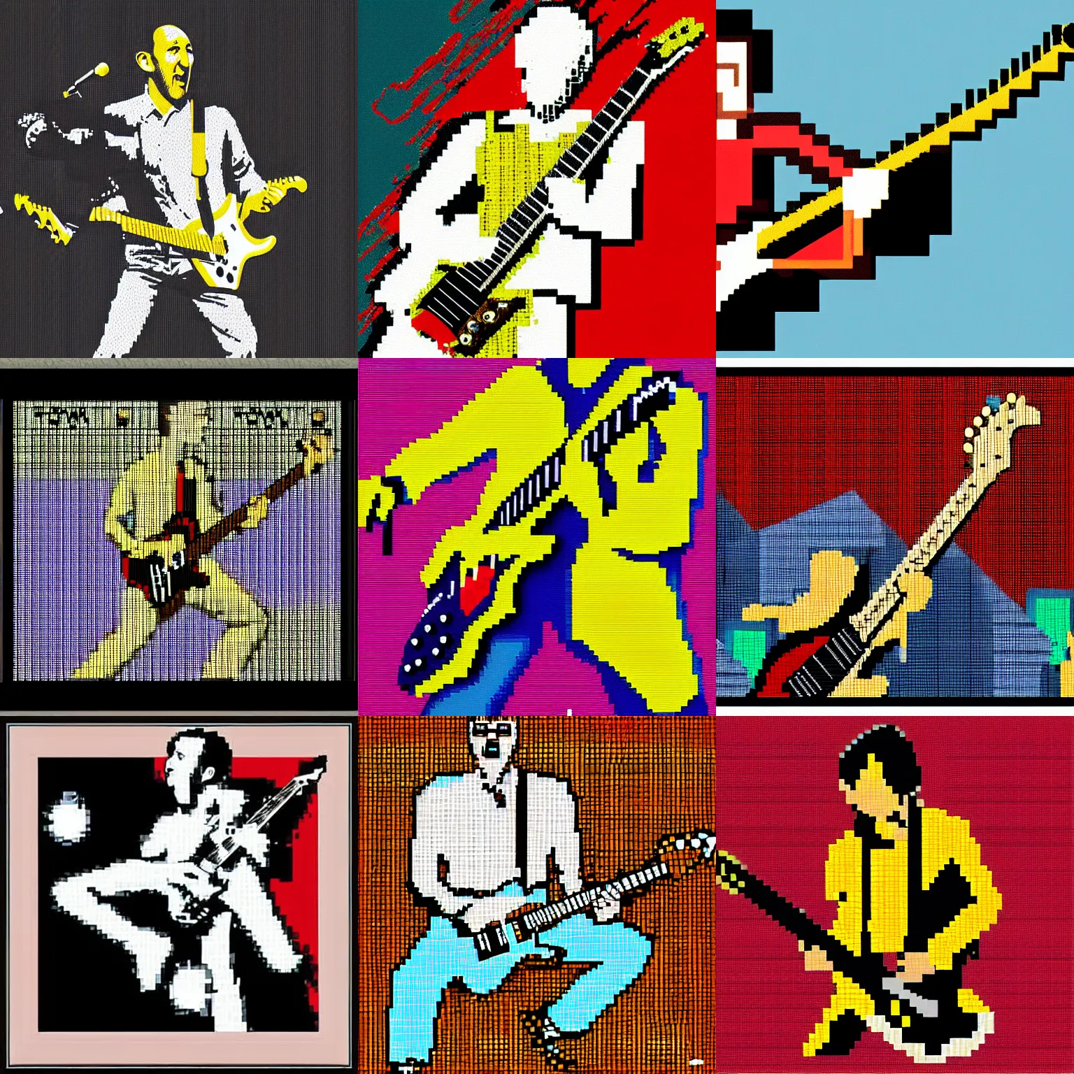 Prompt: detailed pixel art of Pete Townshend smashing guitars