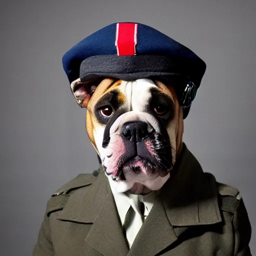 Image similar to portrait of a bulldog wearing royal air force 1942 fighter pilot uniform and head gear