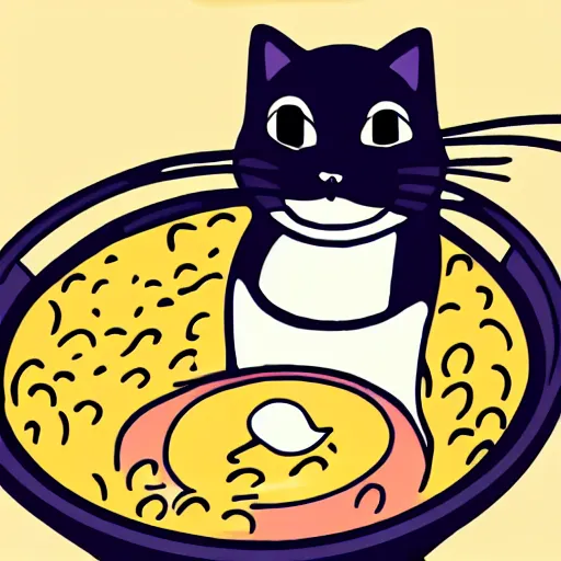 Prompt: cartoon, cat bathing in bowl of ramen