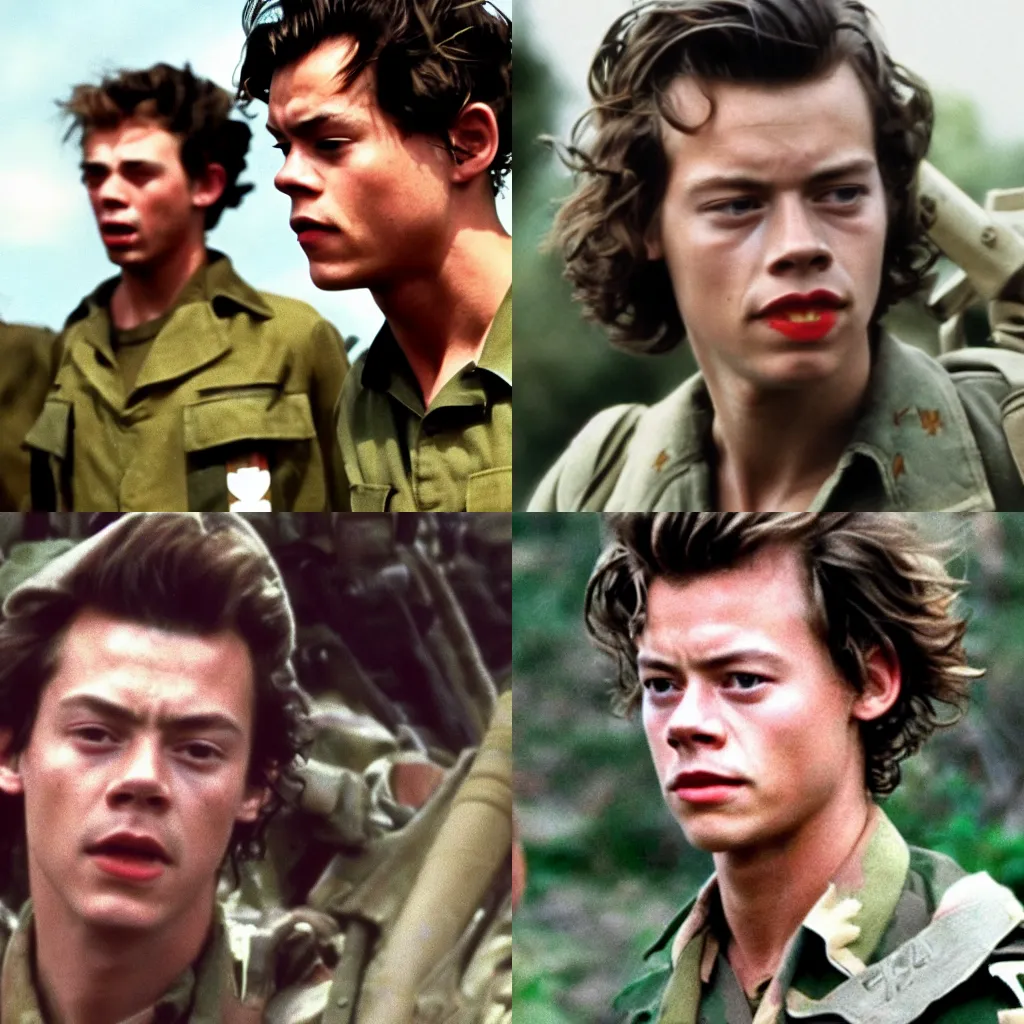 Prompt: Harry Styles as a soldier in Platoon (1986), cinematic, closeup, dramatic