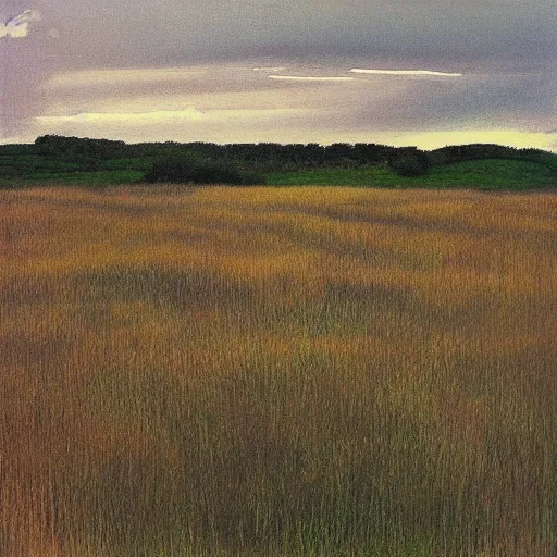 Prompt: “a soft prairie landscape during august, late afternoon, bushes in distance, in the style of Andrew Wyeth, muted colours”