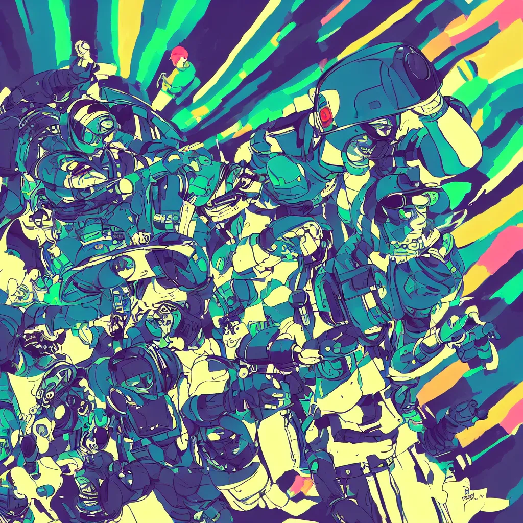 Image similar to people wearing helmets, ryuta ueda artwork, jet set radio artwork, stripes, gloom, space, cel - shaded art style, broken rainbow, data, minimal, speakers, code, cybernetic, dark, eerie, cyber