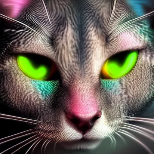 Image similar to photorealistic cat with reptilian features. hyperdetailed photorealism, 1 0 8 megapixels, amazing depth, high resolution, 3 d shading, 3 d finalrender, 3 d cinematic lighting, glowing rich colors, psychedelic overtones, artstation concept art.