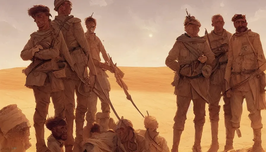 Prompt: beautiful digital painting of a group of barley surviving soldiers in a trench waiting for the war to end, in the sahara desert. cinematic lighting, atmospheric, concept art by artgerm and greg rutkowski,,