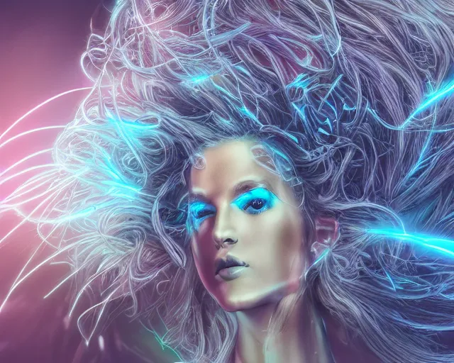 Image similar to glowing hair, complex cybernetic beings, beautiful hairy humanoids, cybermagnetosphere, cybernetic civilizations, ornate hair, love, joy, vortexes, large arrays, data holograms, 8 k, cinematic light shadows, wet hdr refractions, *, * * *, * * * * *