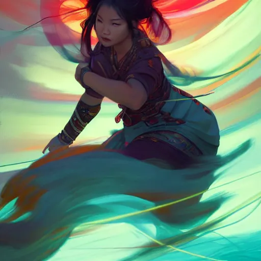 Prompt: curvy asian ethnic warrior girl, digital illustration by ruan jia on artstation, outlined by whirling illuminated neon lines and fine lines swirling in circles by jesper ejsing and rhads and makoto and shinkai and lois van baarle, digital art, trending on artstation - h 9 6 0