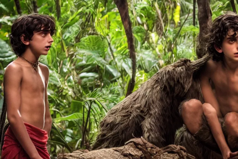 Image similar to timothee chalamet plays mowgli in the live action adaptation of the jungle book, red weapon 8 k s 3 5, cooke anamorphic / i lenses, highly detailed, cinematic lighting
