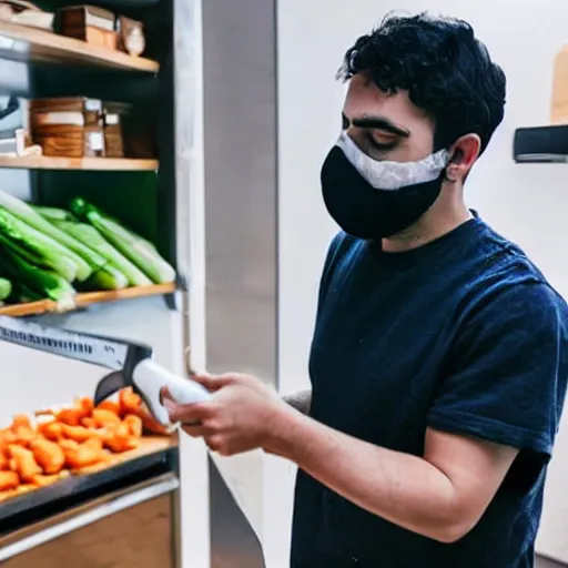 Image similar to a person cutting vegetables while wearing ghostface mask