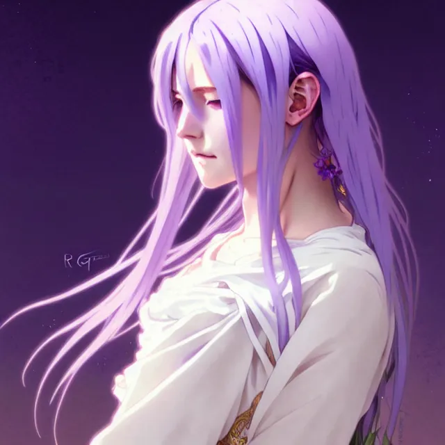 Image similar to anime girl with flowing lavender hair, purple eyes and white dress, profile photo, digital artwork, very beautiful face, extremely detailed art by greg rutkowski and alphonse mucha