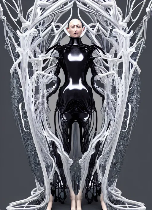 Image similar to forest iris van herpen gothic inflateble dark dress, perfect symmetrical body, helmet on face, full body shot, inflateble shapes, wires, tubes, veins, jellyfish, white biomechanical details, wearing epic bionic cyborg implants, masterpiece, intricate, biopunk, vogue, highly detailed, artstation, concept art, cyberpunk, octane render