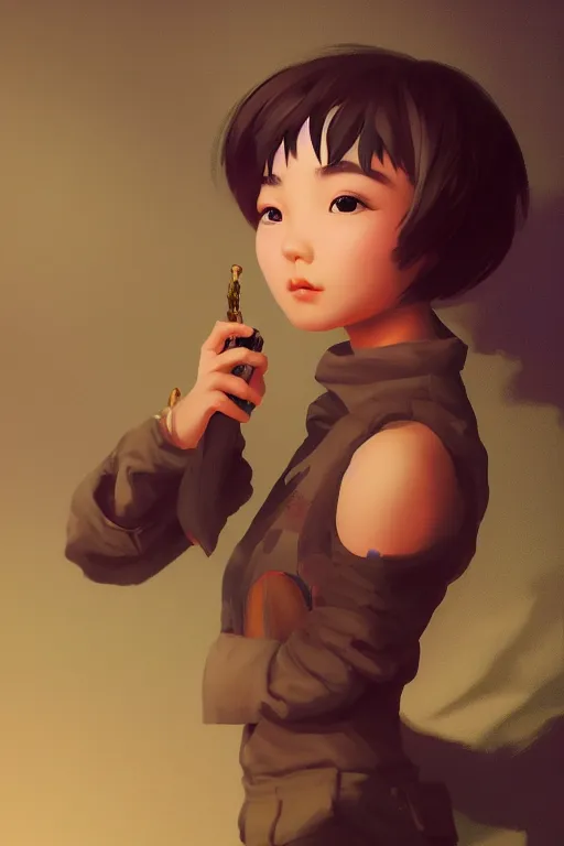 Prompt: a painting of cute Asian girl, short hair, in the style of DreamWorks animation, low angle view, 16mm lens, award winning, hyper detailed, dramatic lighting, artstation, octane renderer, unreal engine