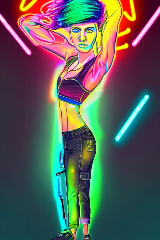 Image similar to a award winning half body portrait of a beautiful woman with stunning eyes in a croptop and cargo pants with rainbow colored ombre hairstyle head in motion and hair flying by thomas danthony, surrounded by whirling illuminated neon lines, outrun, vaporware, shaded flat illustration, digital art, trending on artstation, highly detailed, fine detail, intricate