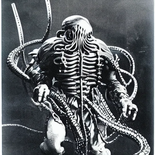 Prompt: cthulhu samurai, lots of cables and wiring. Photograph from blockbuster sci-fi film