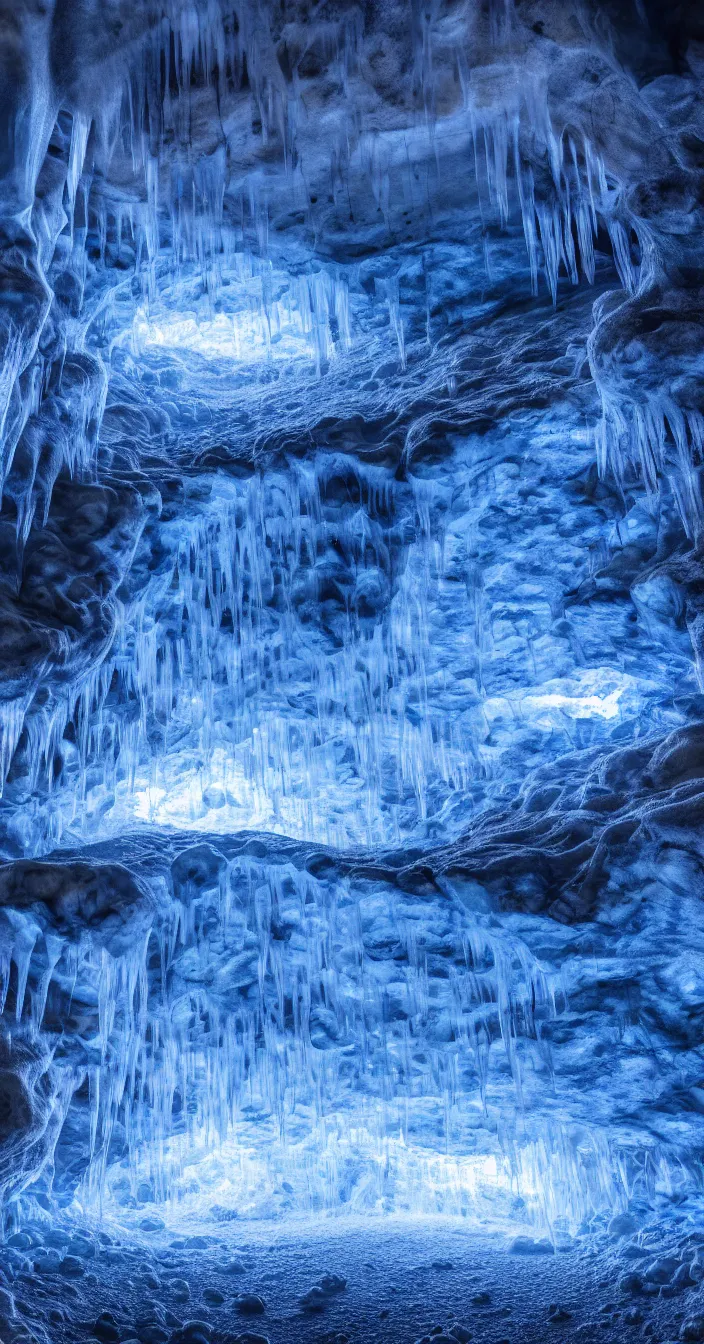 Prompt: highly detailed realistic photo of cave under ice, glowing at night, vibrant colors, award winning masterpiece photography, hyper realistic, concept art, 8 k detail post - processing