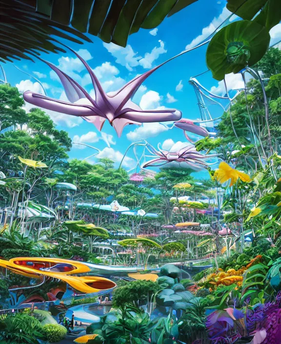 Prompt: simplicity, an amusement park made out of sleek organic creatures, in the style of an aerodynamic spaceship, overgrown with orchids, partly cloudy, sun - drenched, by dan mumford, yusuke murata, makoto shinkai, ross tran, cinematic, unreal engine, cel shaded, featured on artstation, pixiv