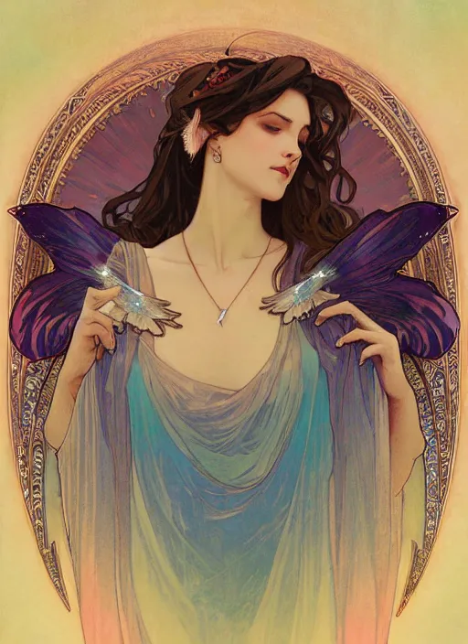 Image similar to ombre velvet gown, alphonse mucha, beautiful elegant woman with glowing wings, portrait, neon outline, long hair, tiara, dozens of jeweled necklaces, by greg rutkowski, brom, anato finnstark