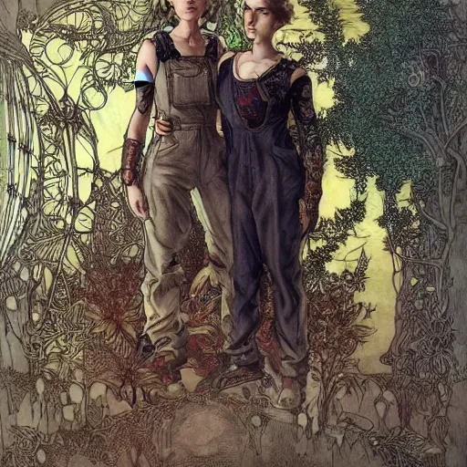 Image similar to short - haired tattooed heroic stoic handsome muscular blonde butch tomboy woman engineer in overalls standing beside dark fae feathered gothic jennifer connelly in black cloak standing together in a beautiful lush garden at night, in love, highly detailed, trending on art station, mucha