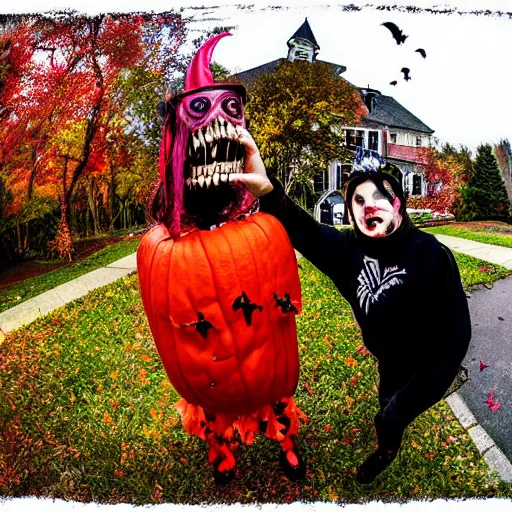 Image similar to A selfie of a fleshy-carrion monster trick or treating with a demon, fisheye lens photography, with a spooky filter applied, in a Halloween style.