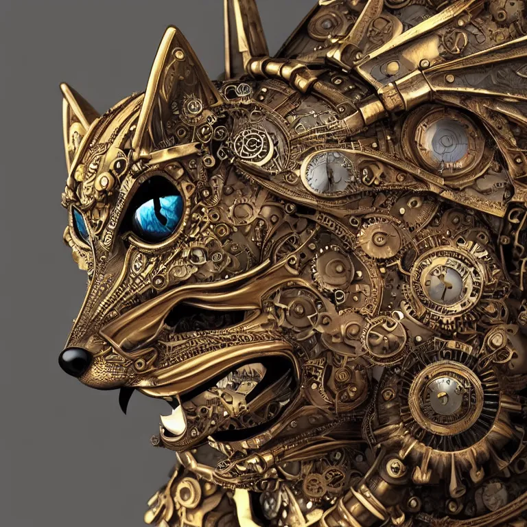 Prompt: A steampunk fox head with sparkling eyes made from ornate engraved full plate armor and Rolex gears and jewels and gems, macro shot by Justin Gerard, unreal engine, detailed, intricate, physically based rendering