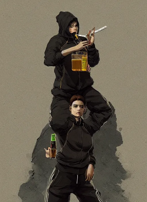 Image similar to russian slav heroine wearing an addidas tracksuit squatting with whiskey in one hand and a cigarette in the other hand. by greg rutkowski and wlop, detailed, cinematic, artstation, 8 k, intricate, rule of thirds.