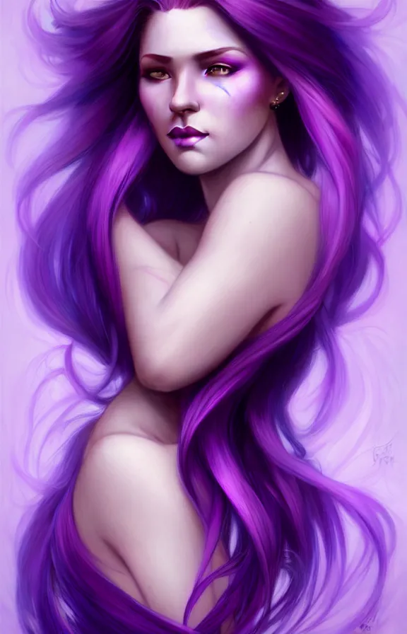 Prompt: Purple hair relistic Portrait of a woman with bright colored flying hair, all shades of purple. Beauty face, Hair coloring, fantasy, intricate, elegant, highly detailed, photorealistic, artstation, concept art, smooth, sharp focus, illustration, art by artgerm and greg rutkowski and alphonse mucha